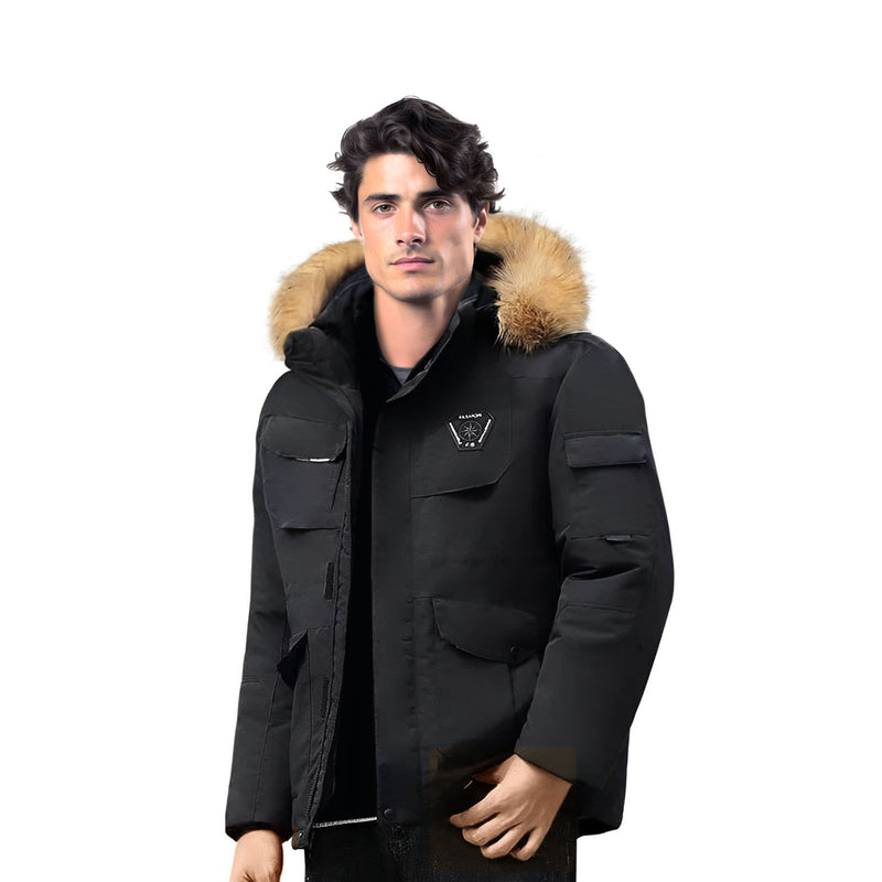2XL Black Hooded Down Puffer Jacket Fur Trim Quilted Polyester Elastane