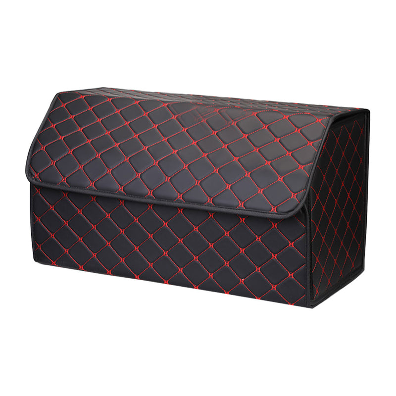 Car Boot Leather Organizer 55x30x30cm Collapsible 10kg Black Red Stitch