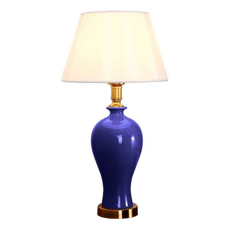 Blue Ceramic Oval Table Lamp With Gold Metal Base Drum Shade 46cm