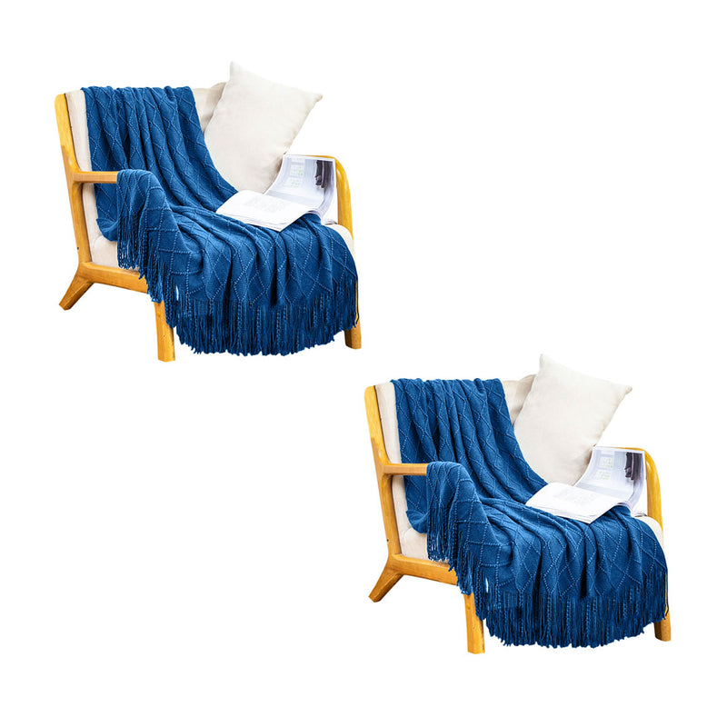 2X Royal Blue Acrylic Knitted Throw Blanket 130x230cm Diamond Fringed
