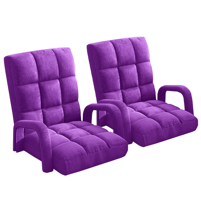 2X Purple Foldable Floor Chair Adjustable Recliner with Armrest Linen Fabric