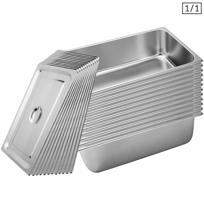 12X Full Size 1/1 Gastronorm Stainless Steel Pan 53cm x 32.5cm x 20cm With Lids