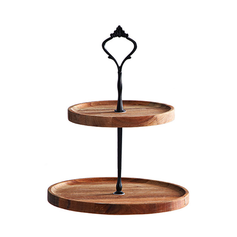 Acacia Wood Dessert Tray 15cm 2 Tier Round Brown Metal Handle