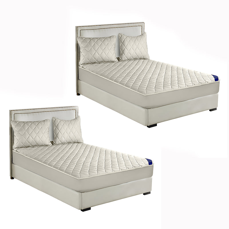 2X White 138cm Quilted Stretchable Mattress Cover with Pillow Cases Polyester