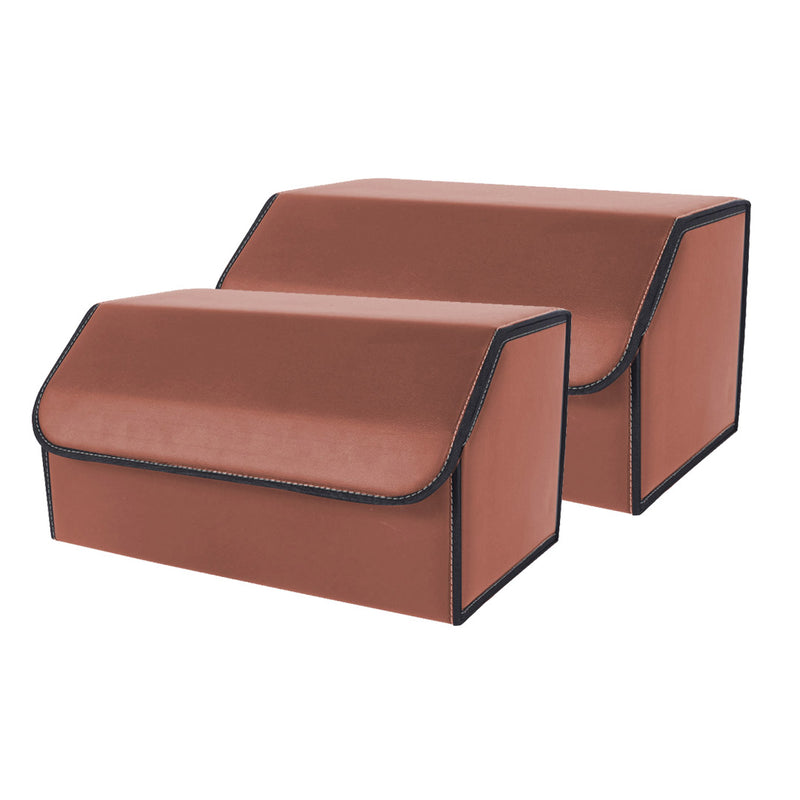 2X Leather Car Boot Organizer 55x30x30cm Collapsible Foldable Storage Box Coffee