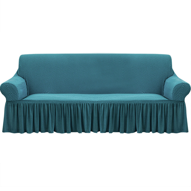 4-Seater Blue Sofa Cover Ruffled Skirt Stretch Couch Protector Polyester