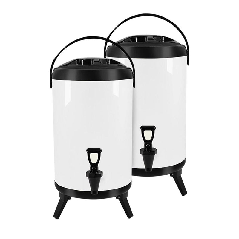 2X 8L Stainless Steel Insulated Milk Tea Beverage Dispenser With Faucet White