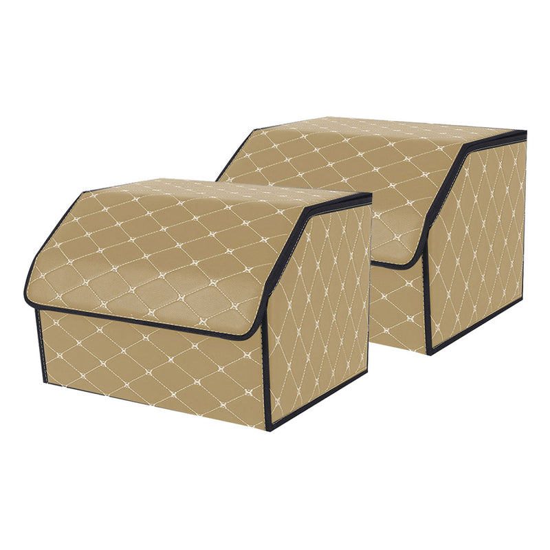 2X Medium Leather Car Trunk Organizer Foldable Portable Beige Gold Stitch