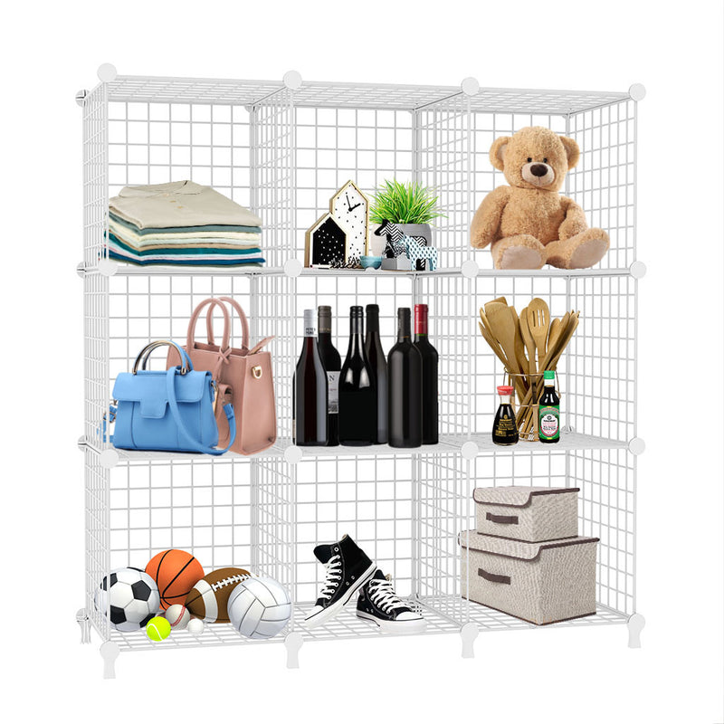 White Portable 9 Cube 3 Column Iron Wire Mesh Storage Organizer 110.5x37x113.5cm