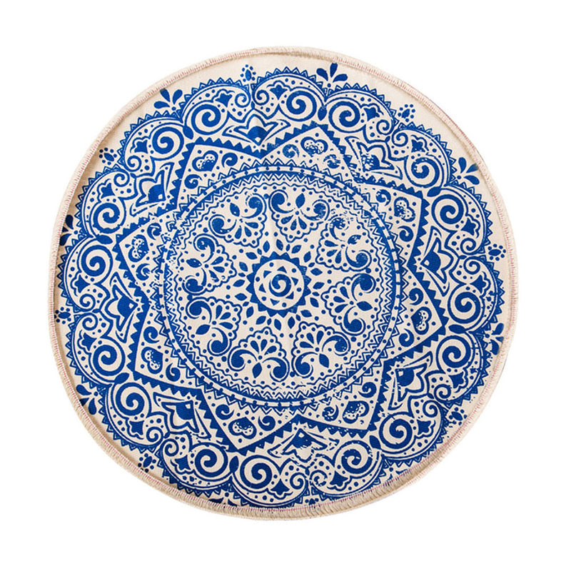 Blue Round Cotton Linen Rug 90cm Bohemian Non-Slip Soft Floor Carpet Decor