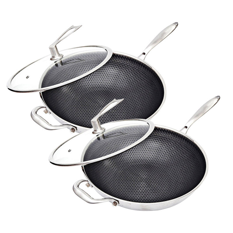 2X 34cm Tri Ply 304 Stainless Fry Pan Textured Nonstick Helper Handle Glass Lid