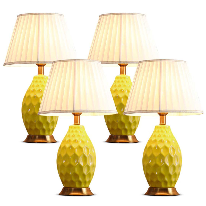 4X Textured Ceramic Oval Table Lamp Gold Metal Base Yellow Drum Shade 55cm