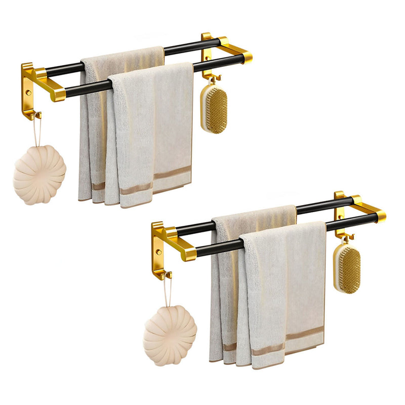 2X 61cm Wall Mounted Double Pole Aluminum Towel Rack With Hooks Black And Gold