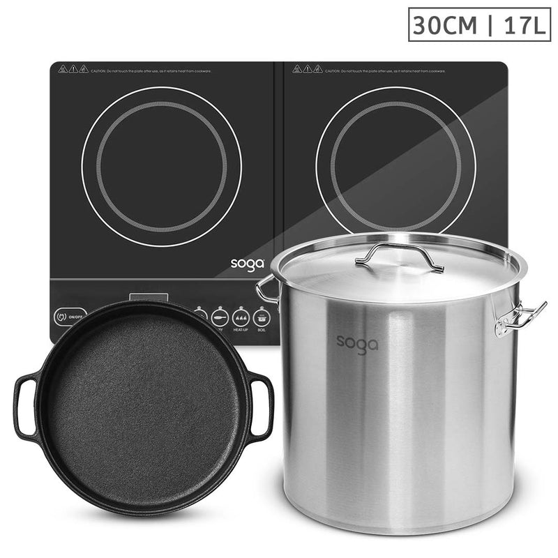 2 Burner Induction Cooktop Cast Iron Pan 30cm 17L Stainless Pot 28cm