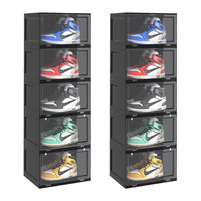 2X 5 Tier Black Plastic Shoe Organizer Stackable Transparent Front Magnetic Door