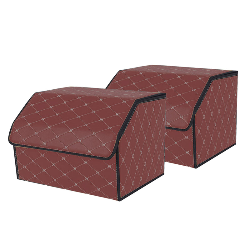 2X Leather Car Boot Organizer Collapsible Foldable Coffee Gold Stitch Medium