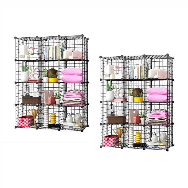 2X Black 12 Cube Iron Wire Mesh Organizer 110.5x37x146cm 2 To 3Kg Capacity