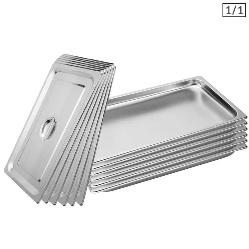 6X Full Size Stainless Steel GN Pan 2cm Deep With Lid For Catering Cooking