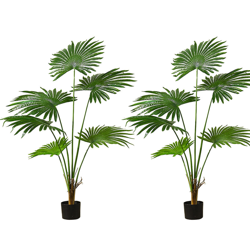 2X 120cm Artificial Polyethylene Fan Palm Tree Green Indoor Cement Pot