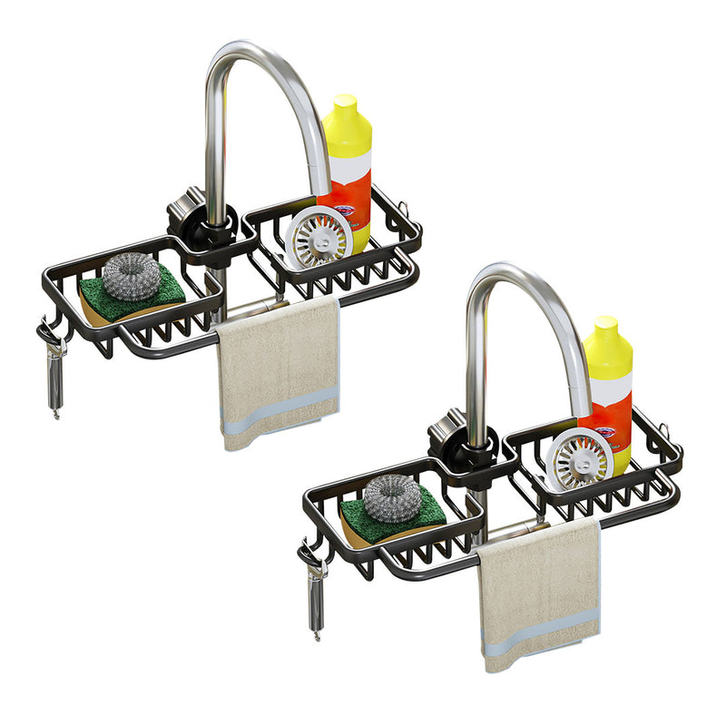 2X Kitchen Faucet Organizer Aluminum Rack With Towel Bar Black 37.5x16x6.8cm