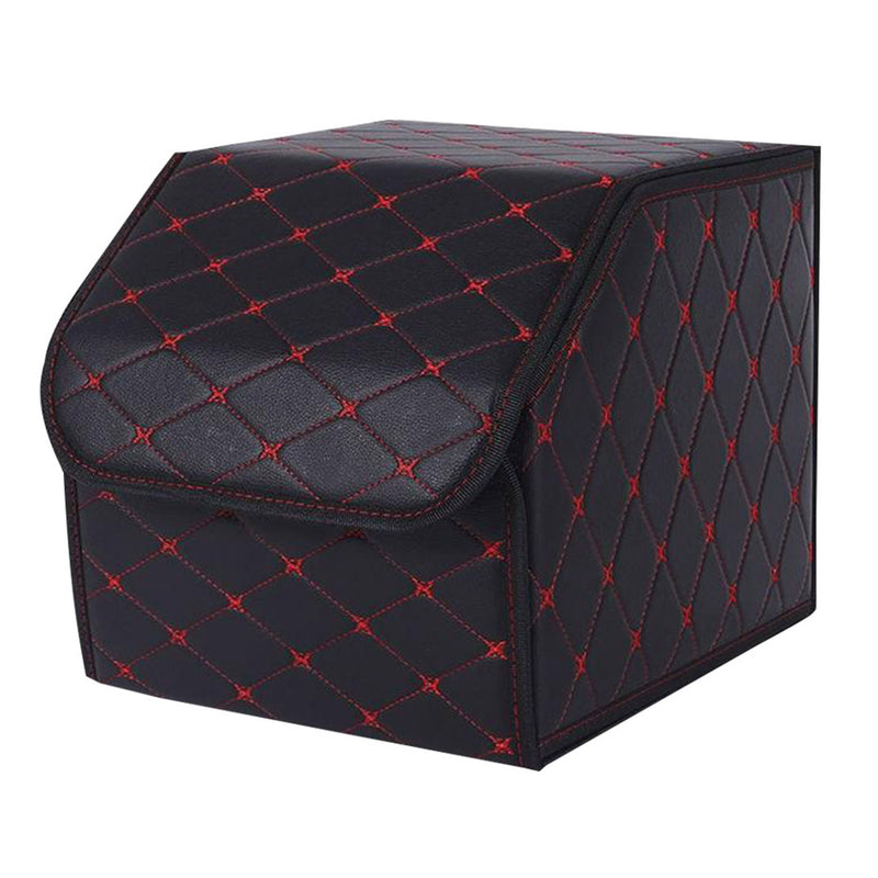 Collapsible Leather Trunk Organizer 30x30x30cm 10kg Capacity Black Red Stitch