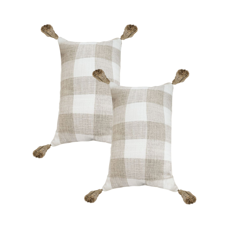 2X Velvet Lumbar Pillow 30 X 50 Cm Plush Caramel White Plaid Farmhouse