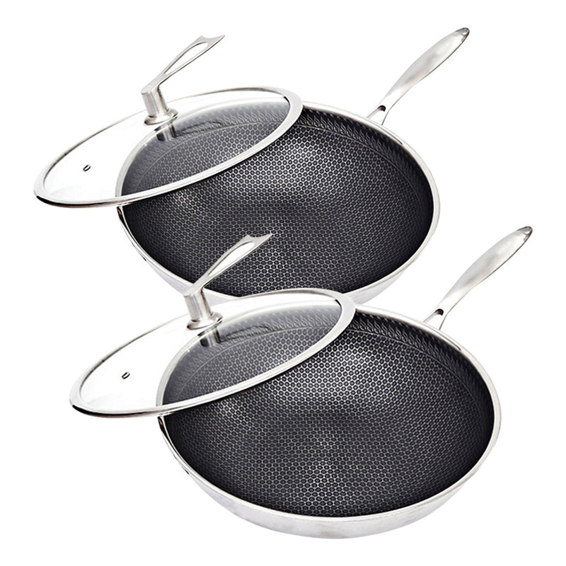 2X 32cm Stainless Steel Tri Ply Fry Pan Textured Non Stick Glass Lid