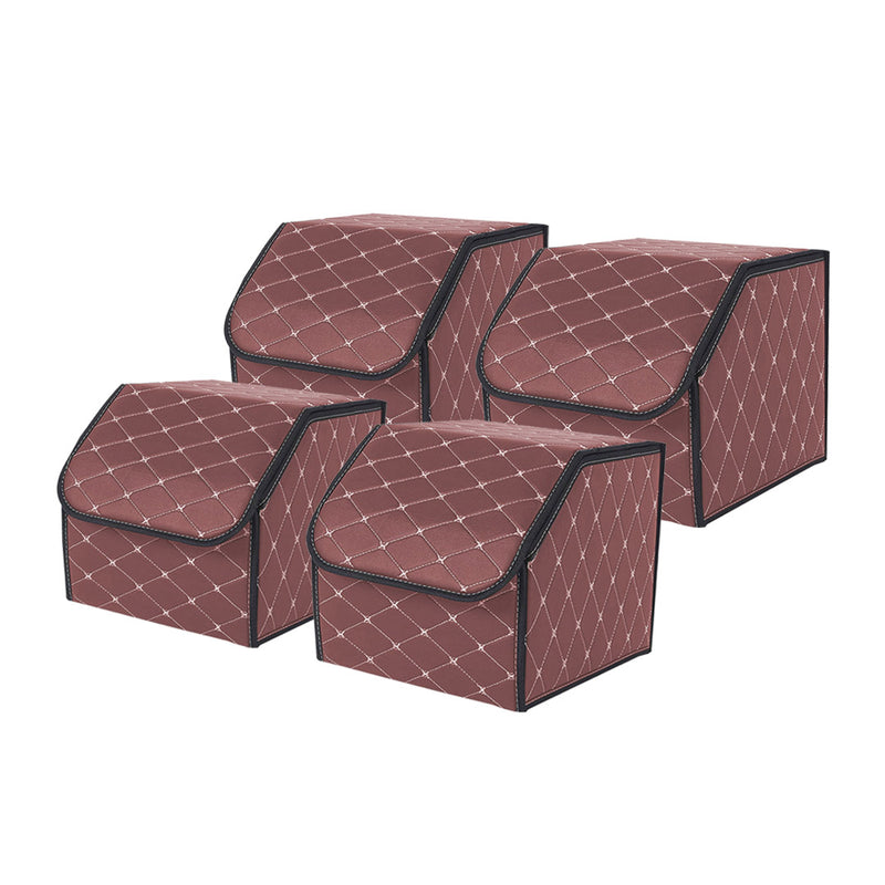 4X Leather Car Boot Organizer 30x30x30cm Collapsible Foldable Coffee Gold Stitch