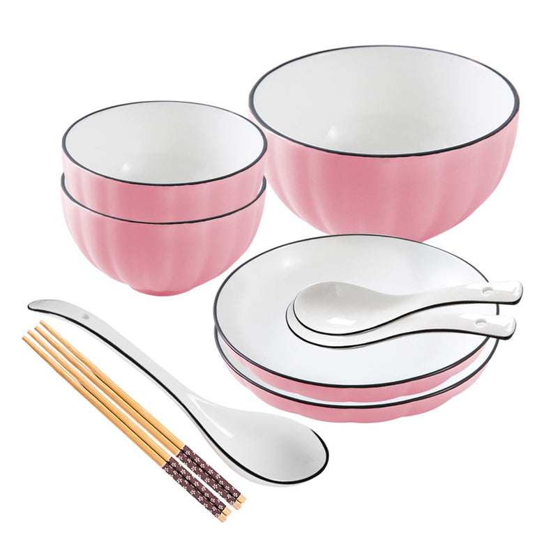 Pink Ceramic Dinnerware Set of 5 Japanese Style Stackable Ergonomic Bowls Plates