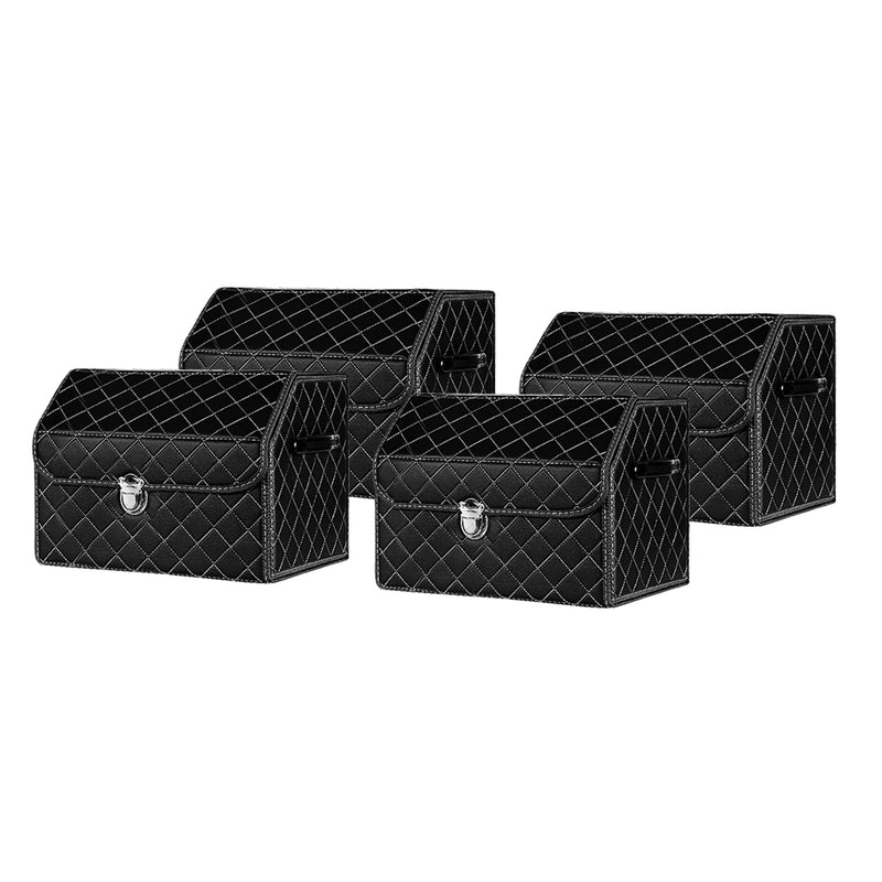4X Leather Car Boot Organizer 38x31x29cm Foldable Black White Stitch Lock