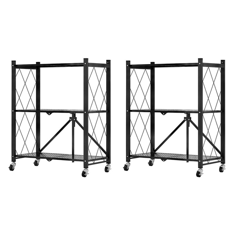 2X 3 Tier Carbon Steel Foldable Kitchen Cart Black Wheels 20Kg Per Shelf
