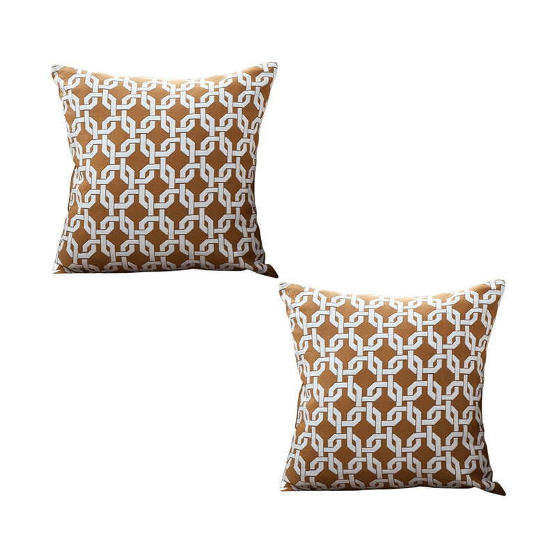 2X 45cm Brown Checkered Chain Jacquard Polyester Square Throw Pillow