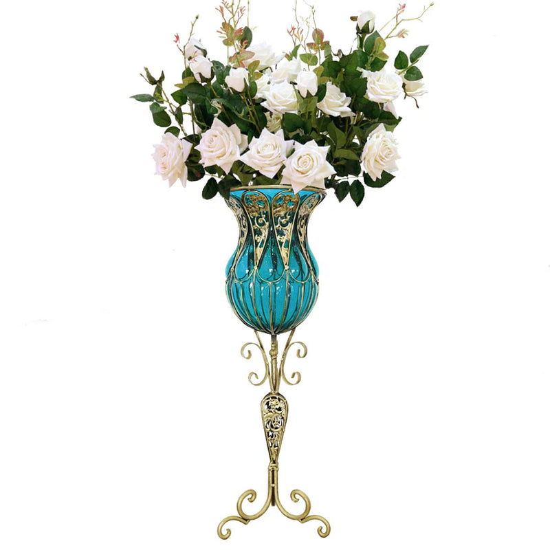 85cm Blue Glass Metal Floor Vase 12pcs White Silk Flowers Home Decor