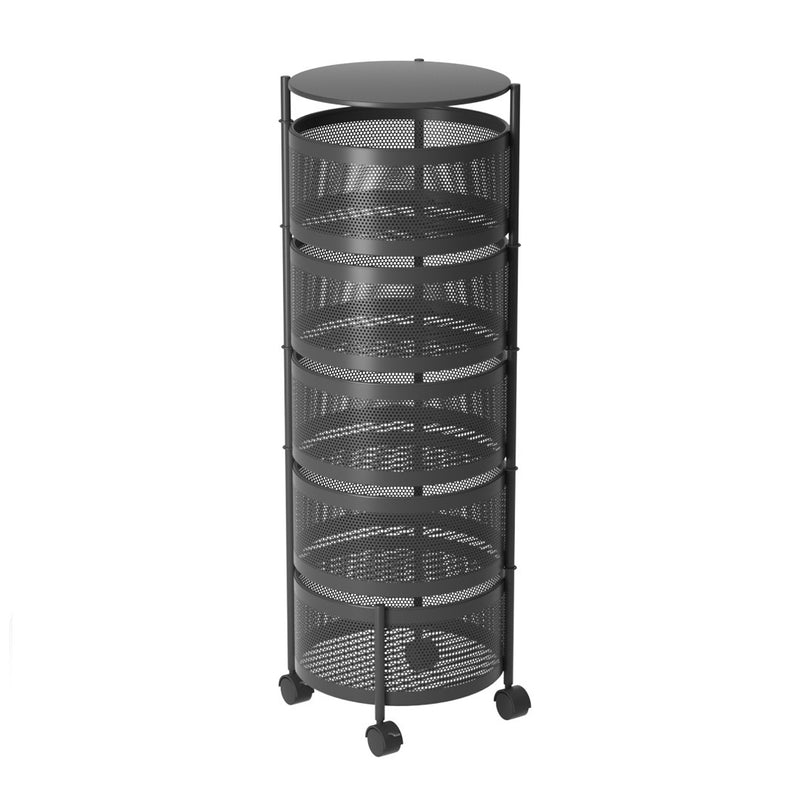 5 Tier Carbon Steel Rotating Kitchen Cart Mesh 92cm Black Locking Wheels