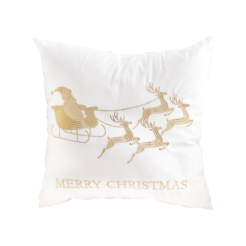 45cm White Square Throw Pillow Golden Sleigh Design Soft Plush Holiday Decor