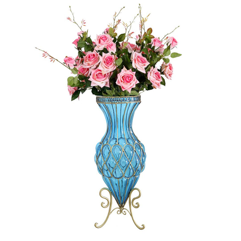 67cm Blue Glass Floor Vase Gold Metal Base 12pcs Pink Silk Flowers 85cm Stems