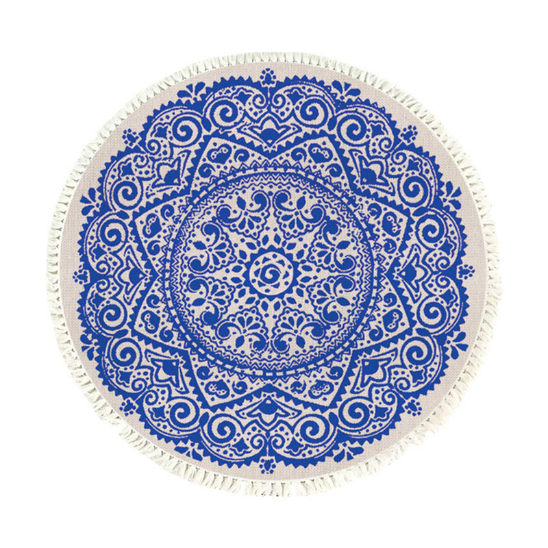 120cm Round Area Rug Polyester Fiber Anti Slip Backing Mandala Blue