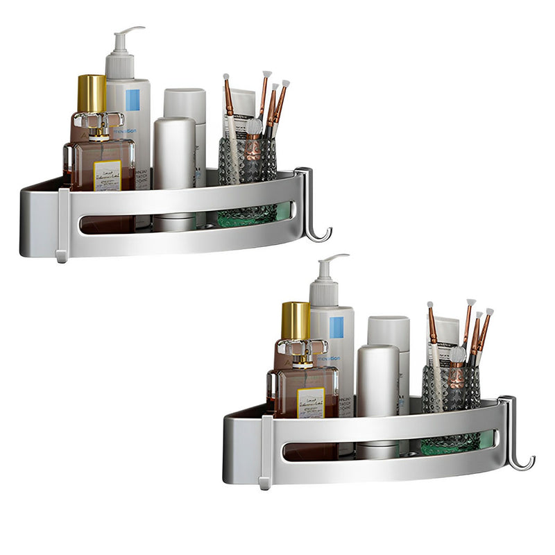 2X Silver Aluminum Wall Mounted Triangular Corner Shelf Rack 24.5x24x6cm Hooks
