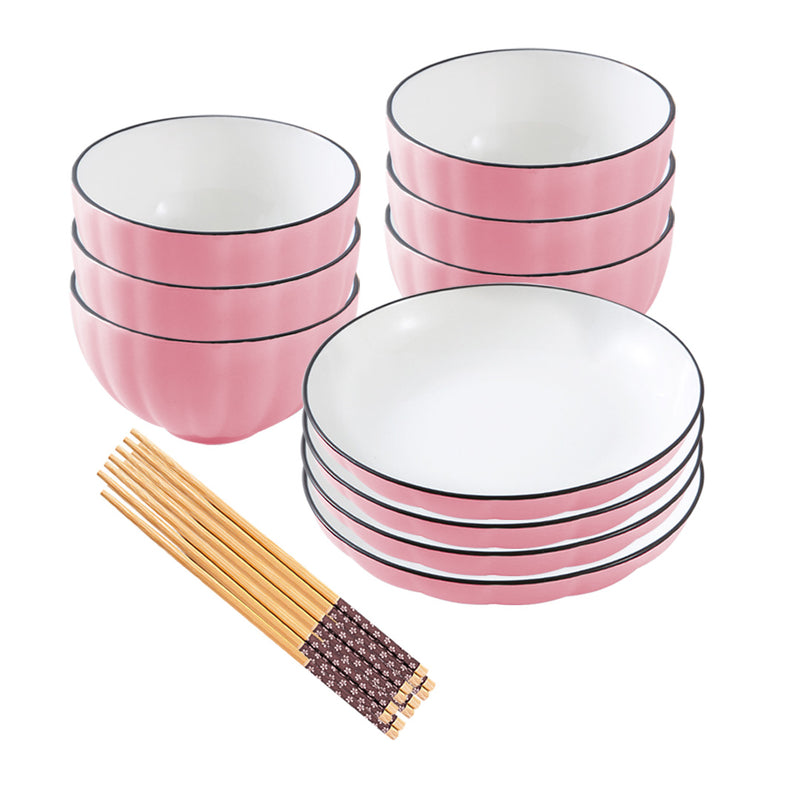 Pink Ceramic Dinnerware Set of 10 Japanese Style Soup Bowl Plate Kitchen Decor