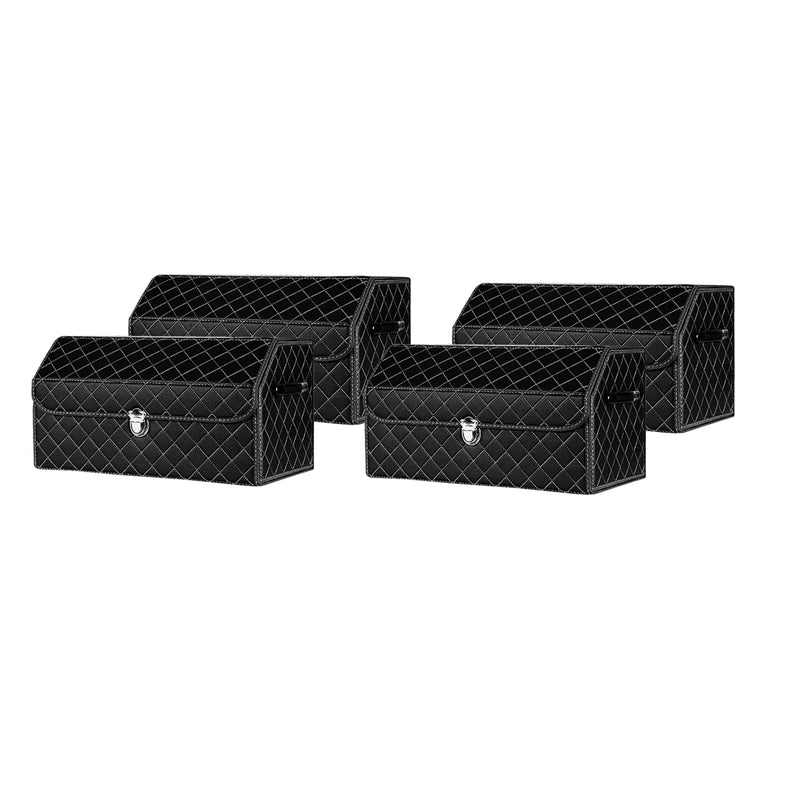 4X Leather Car Trunk Organizer Collapsible Lock Medium Black With White Stitch