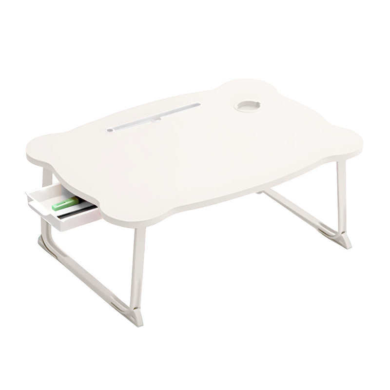 White Portable Bed Table Particleboard 60x48x28cm Foldable Drawer Cup Holder
