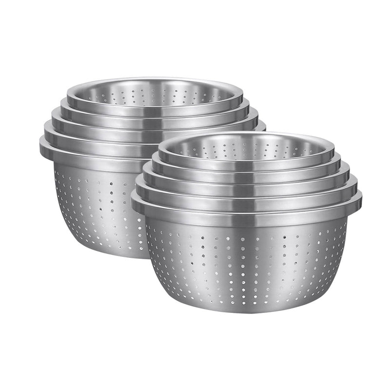 2X Stainless Steel Nesting Colander Set 5Pcs Perforated Bowls Kitchen Silver