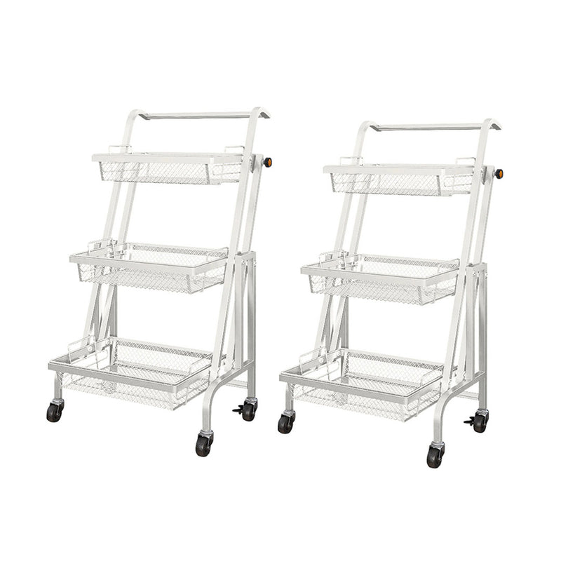 2X 3 Tier Carbon Steel Kitchen Cart White Adjustable Mesh Shelves Wheels