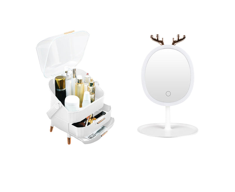 White Cosmetic Storage Organiser With LED Light Mirror Vanity Table Set