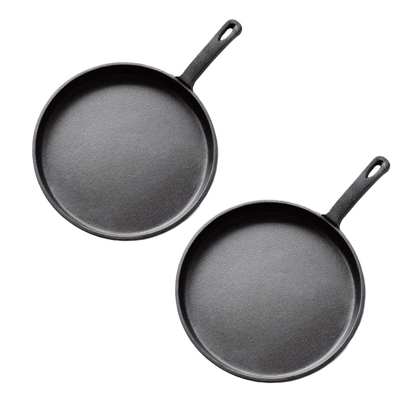 2X 26cm Cast Iron Frying Pan Skillet Round Non-Stick Griddle Sizzle Platter
