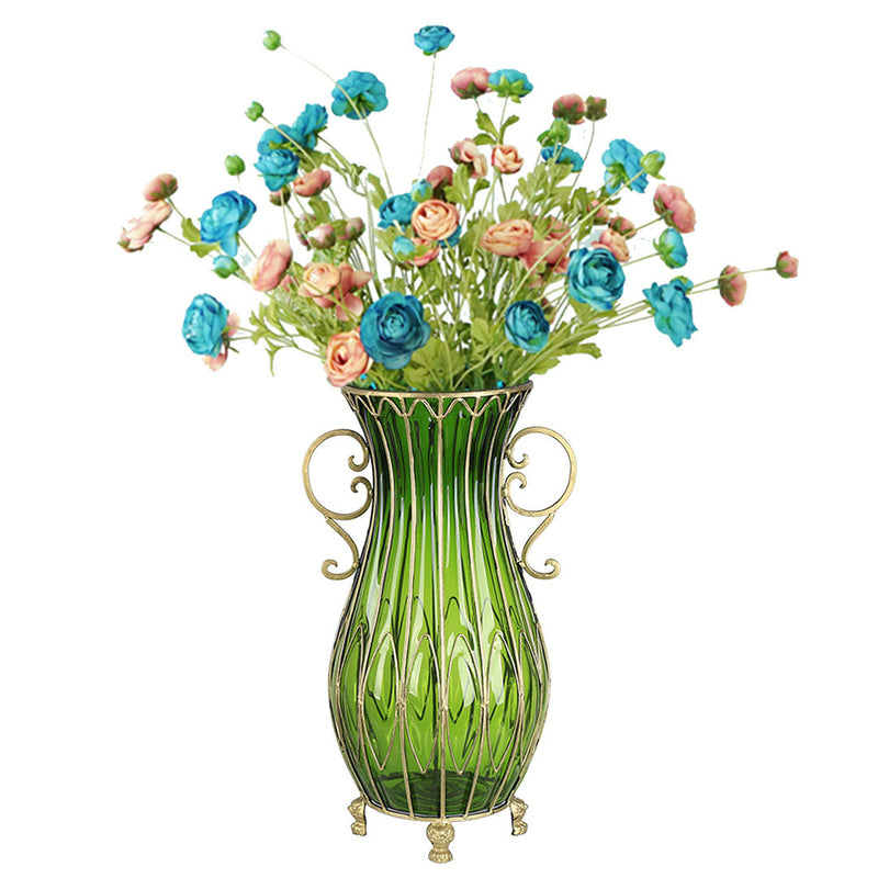 51cm Tall Green Glass Floor Vase Gold Metal Accents 12pcs Artificial Flowers
