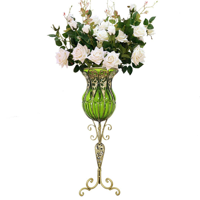85cm Green Glass Tall Floor Vase With Gold Metal Base 12pcs White Silk Flowers
