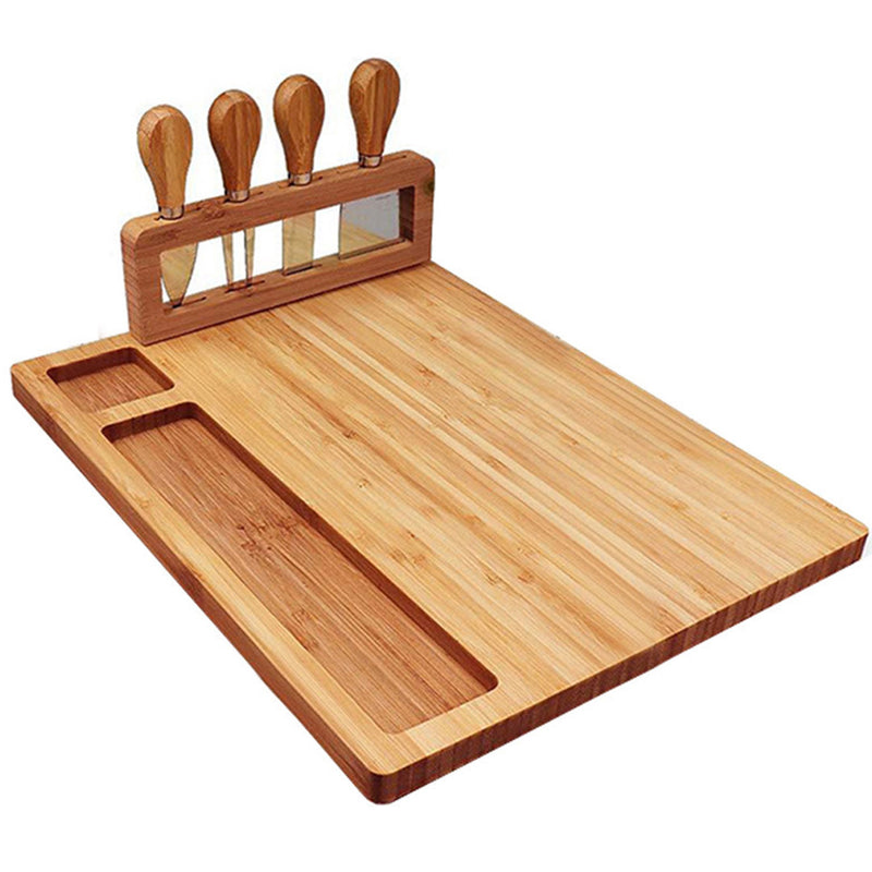 36cm Brown Bamboo Wood Cheese Board Charcuterie Serving Tray With Knife Set