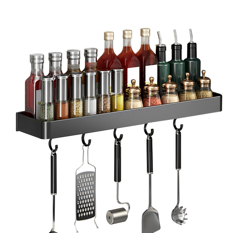 40cm Black Aluminum Wall Mounted Kitchen Spice Rack With Hooks Space Saving