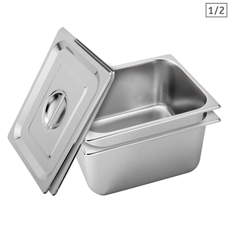 2X Half Size Gastronorm Stainless Steel Pan 27x33x20cm With Lid